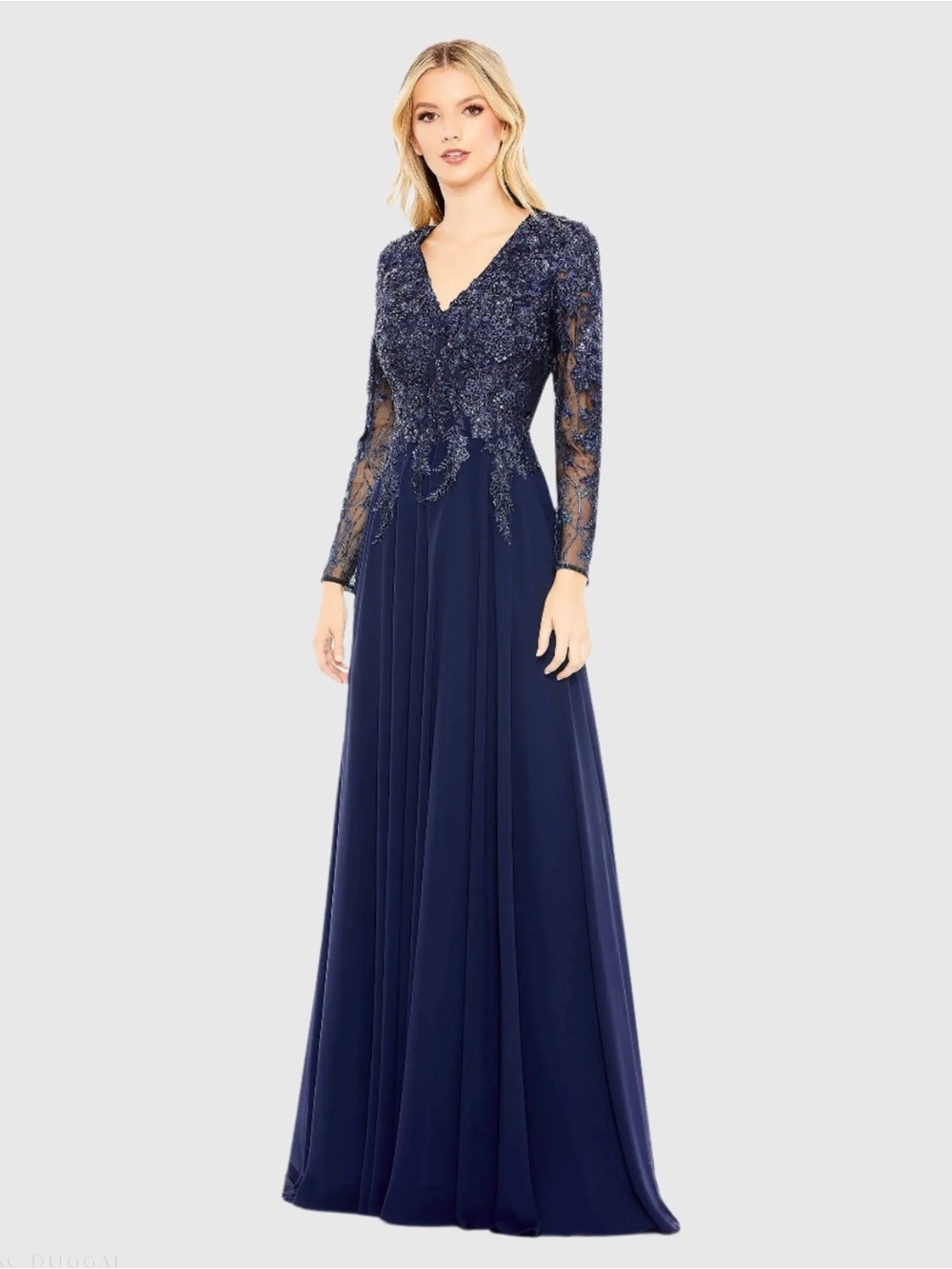 MAC DUGGAL Blue Embellished Illusion V Neck Long Sleeve Gown
